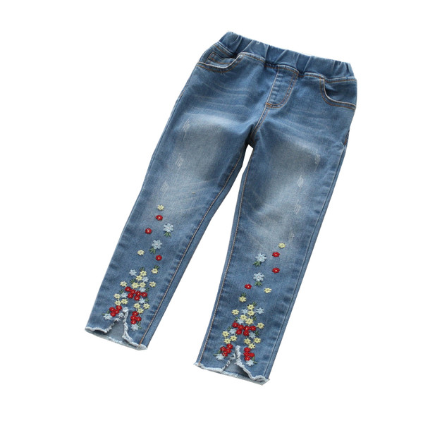 Blugi copii moderni pentru fete cu talie inalta si imprimeu color interesant in culoare deschisa, doua modele