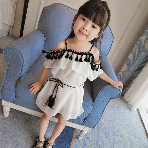 Rochie delicata pentru copii eterica din sifon pentru fete cu ciucuri