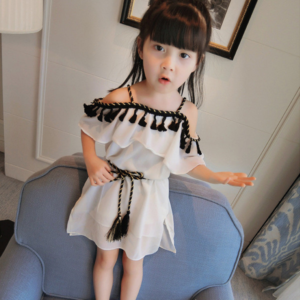 Rochie delicata pentru copii eterica din sifon pentru fete cu ciucuri