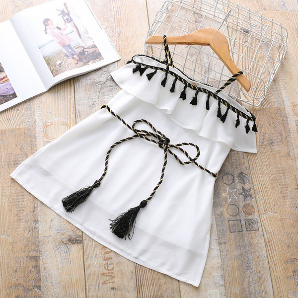 Rochie delicata pentru copii eterica din sifon pentru fete cu ciucuri