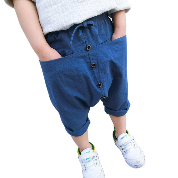 Pantaloni moderni pentru copii cu buzunar frontal nestandard și nasturi de decor