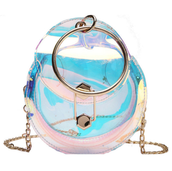 Geanta de dama casual transparenta in forma rotunda cu maner metalic