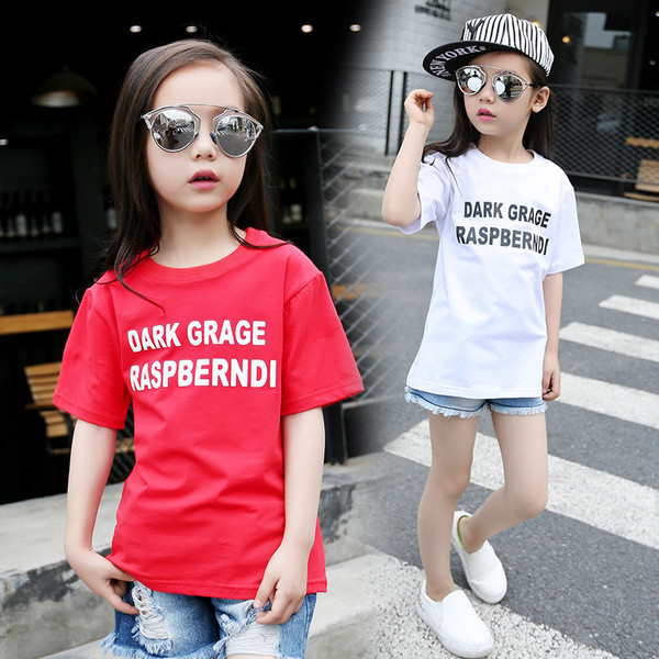 Tricou zilnic pentru copii pentru fete cu inscripție în alb și roșu