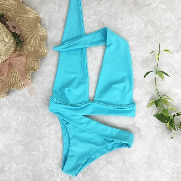 Costum de baie simplu de damă în negru și albastru în două părți