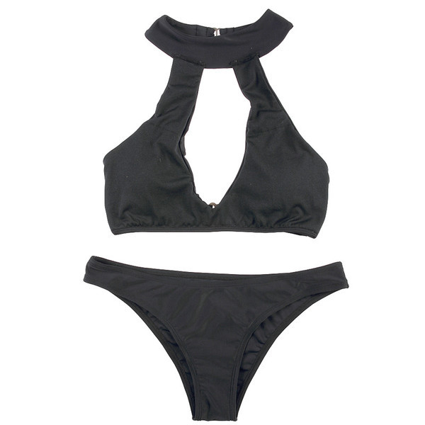 Stílusos kétrészes fürdőruha O-nyakkal, fekete színben
