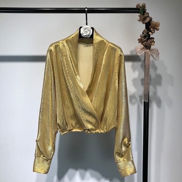 Bluză de damă elegantă, auriu și argintiu, cu decolteu în V adânc