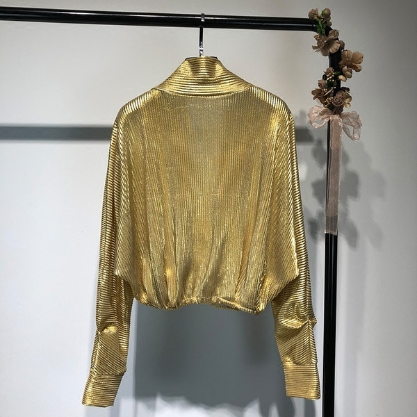 Bluză de damă elegantă, auriu și argintiu, cu decolteu în V adânc