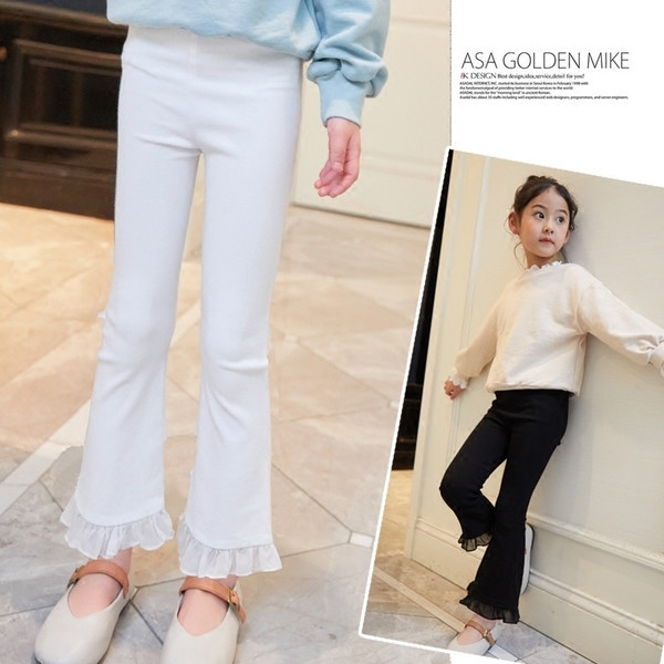 Pantaloni eleganti pentru copii pentru fete cu talie inalta si dantela in alb si negru