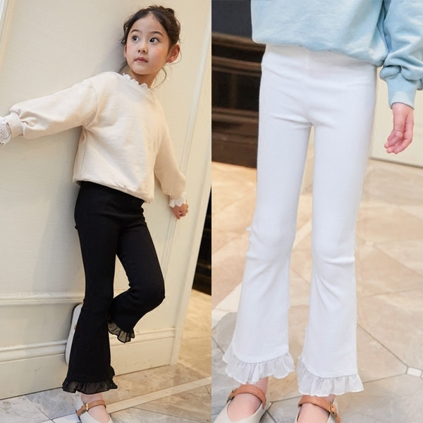 Pantaloni eleganti pentru copii pentru fete cu talie inalta si dantela in alb si negru