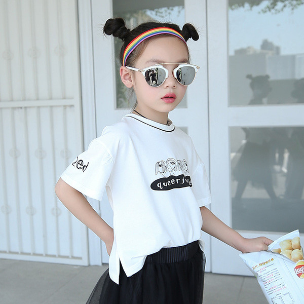 Tricou casual pentru copii pentru fete cu aplicatie alba