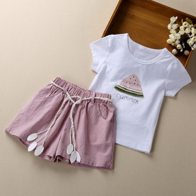 Небрежен детски комплект за момичета от две части-тениска с апликация+панталон в свобден стил с връзки в два цвята,два модела
