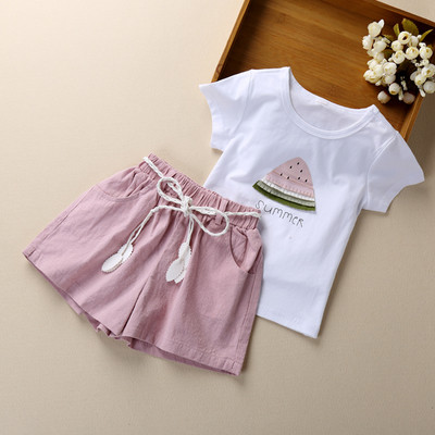 Set casual copii pentru fete in doua parti - tricou cu aplicatie + pantaloni freestyle cu cravate in doua culori, doua modele