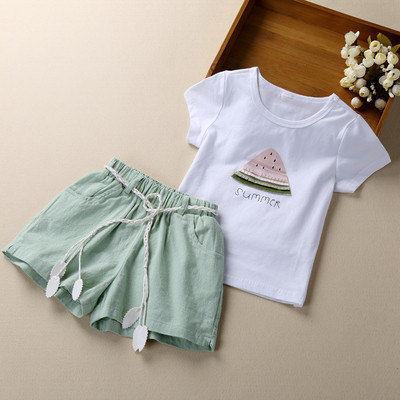 Set casual copii pentru fete in doua parti - tricou cu aplicatie + pantaloni freestyle cu cravate in doua culori, doua modele