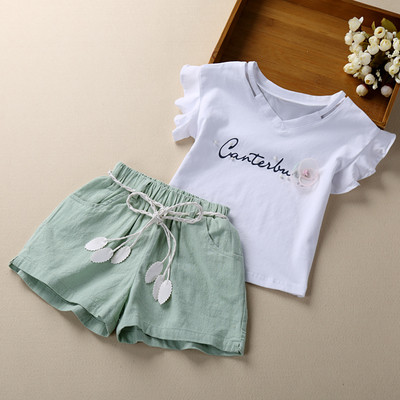 Set casual copii pentru fete in doua parti - tricou cu aplicatie + pantaloni freestyle cu cravate in doua culori, doua modele