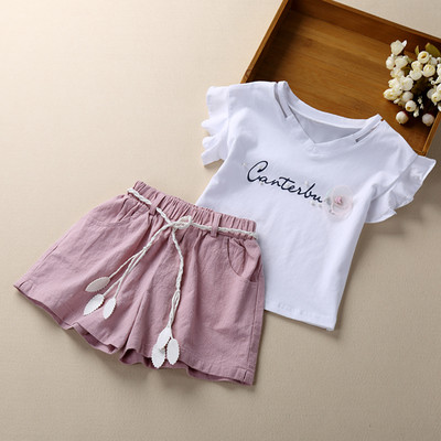 Set casual copii pentru fete in doua parti - tricou cu aplicatie + pantaloni freestyle cu cravate in doua culori, doua modele