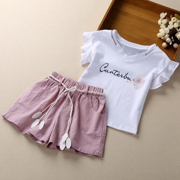 Set casual copii pentru fete in doua parti - tricou cu aplicatie + pantaloni freestyle cu cravate in doua culori, doua modele