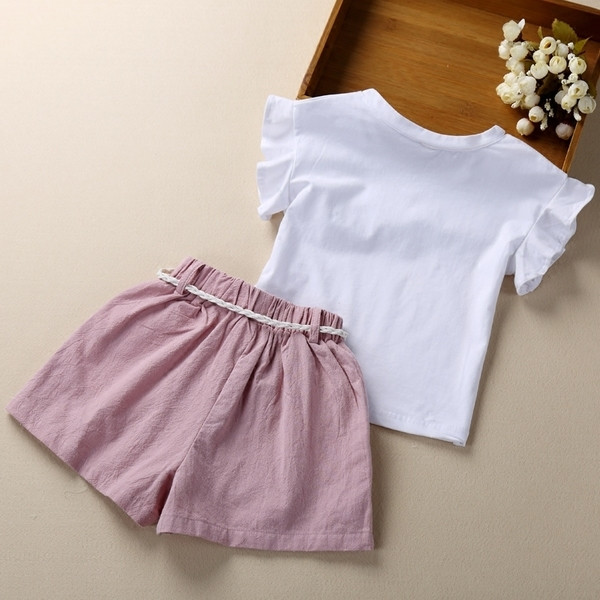 Set casual copii pentru fete in doua parti - tricou cu aplicatie + pantaloni freestyle cu cravate in doua culori, doua modele