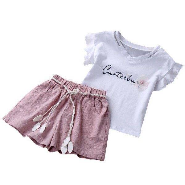 Set casual copii pentru fete in doua parti - tricou cu aplicatie + pantaloni freestyle cu cravate in doua culori, doua modele