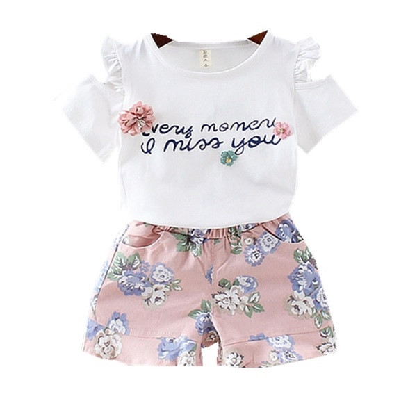 Set pentru copii modern pentru fete din două părți - tricou cu aplicație și inscripție și pantaloni cu motiv floral în două culori