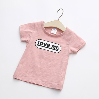 Детска тениска за момичета с О-образна яка с надпис в бял и розов цвят