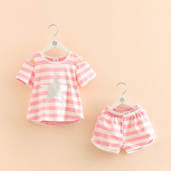Csíkos nyári rövid csapat két részből lányoknak, kétszínű mintával