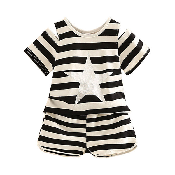 Csíkos nyári rövid csapat két részből lányoknak, kétszínű mintával