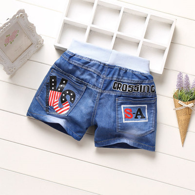 Детски къси дънки за момичета с декоративни маниста, бродерия и щампа