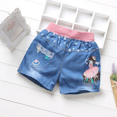 Детски къси дънки за момичета с декоративни маниста, бродерия и щампа