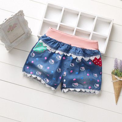 Детски къси дънки за момичета с декоративни маниста, бродерия и щампа