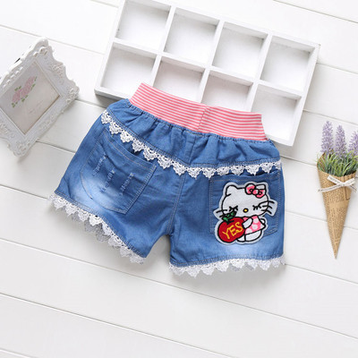Детски къси дънки за момичета с декоративни маниста, бродерия и щампа