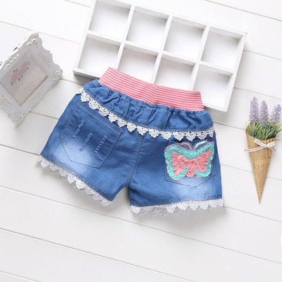 Детски къси дънки за момичета с декоративни маниста, бродерия и щампа