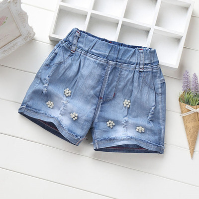 Детски къси дънки за момичета с декоративни маниста, бродерия и щампа