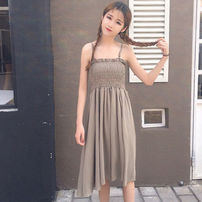 Ежедневна дамска рокля с тънки презрамки под коляното в три цвята