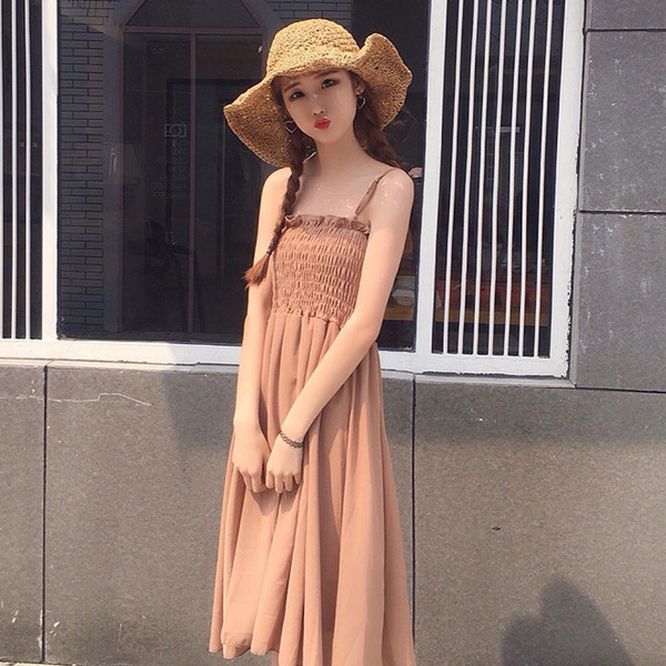 Ежедневна дамска рокля с тънки презрамки под коляното в три цвята