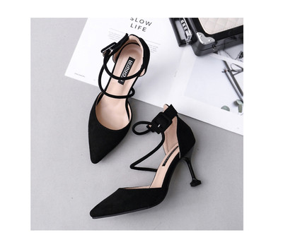 Дамски обувки в два модела 5см/7см ток с крос каишки в два цвята - черен и розов