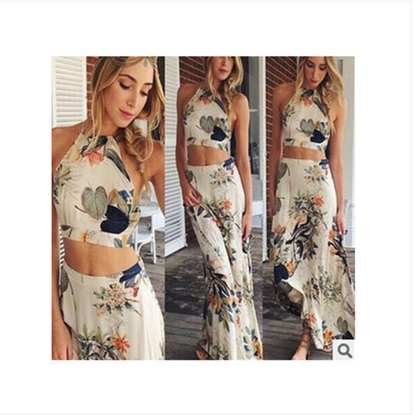 Дамски летен комплект топ и дълга пола в флорален десен