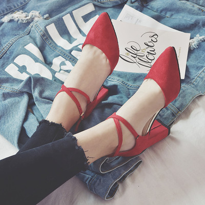 Велурени заострени обувки на висок ток с крос каишки за дамите в няколко цвята