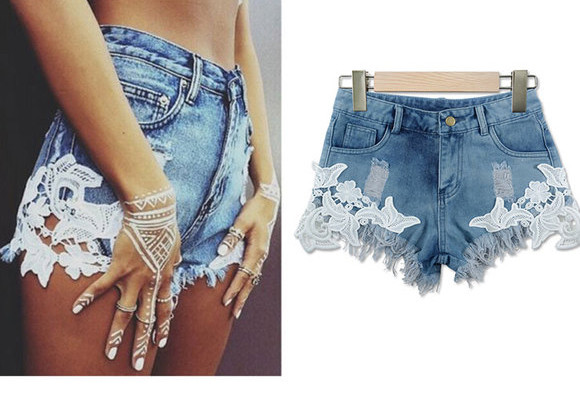 Дамски къси дънки с дантела в флорални мотиви