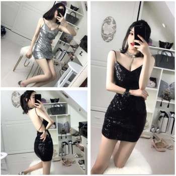 Стилна дамска рокля с тънки презрамки с гол гръб с пайети в два цвята