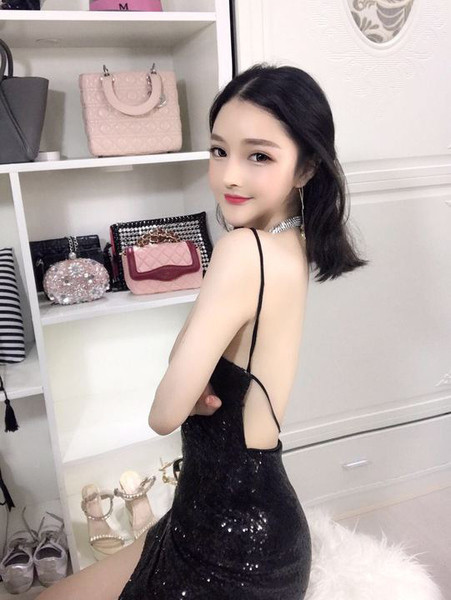 Стилна дамска рокля с тънки презрамки с гол гръб с пайети в два цвята