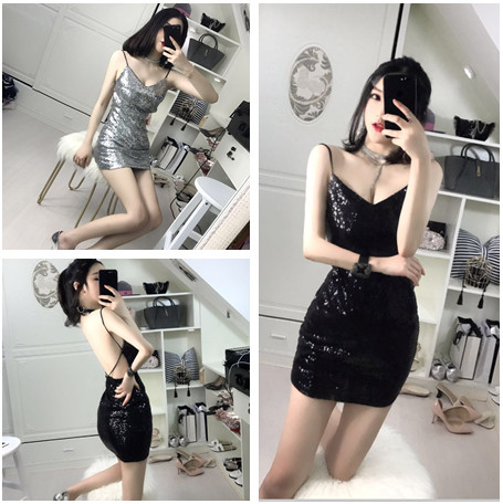 Стилна дамска рокля с тънки презрамки с гол гръб с пайети в два цвята