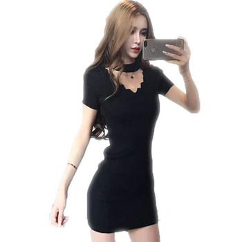 Rochie casual de dama cu maneci scurte cu decolteu in V in rosu si negru