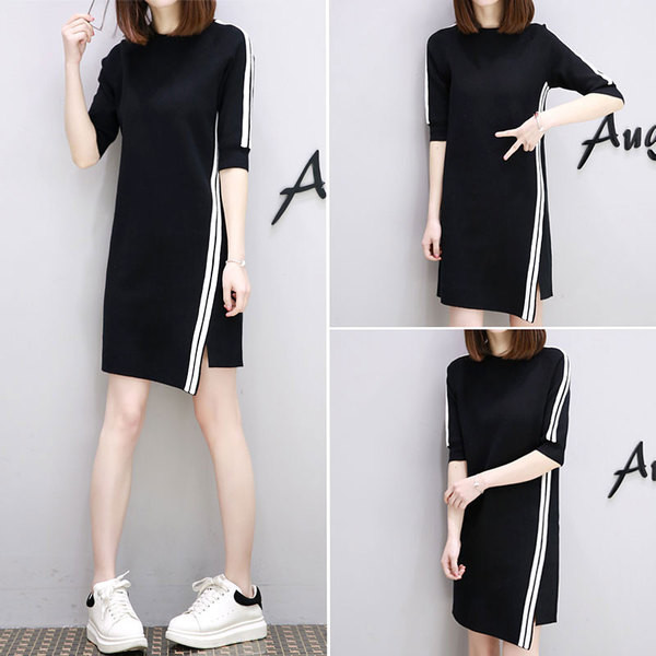 Спортно - ежедневна дамска рокля с 3/4 ръкав в черен цвят