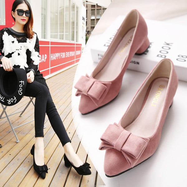 Ежедневни модерни обувки с дебел ток и панделка за дамите