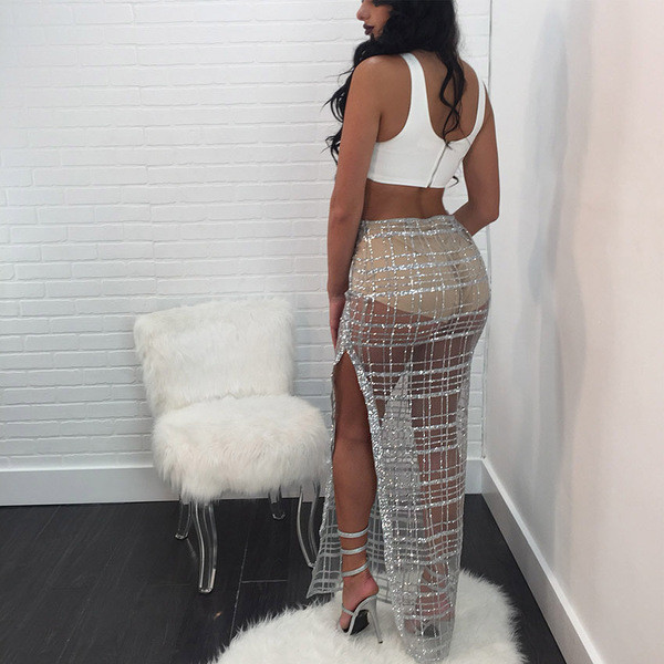 Плажна прозрачна дамска лъскава пола с висока талия и цепка по дължината