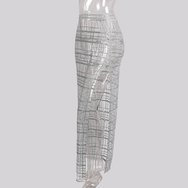 Плажна прозрачна дамска лъскава пола с висока талия и цепка по дължината