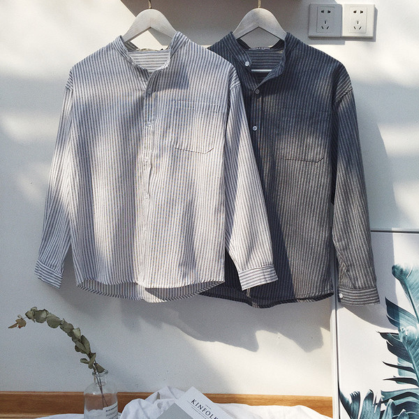 Ежедневна дамска риза райе с дълъг ръкав  с джоб в два цвята