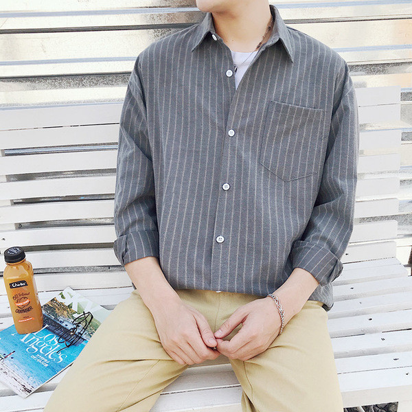 Мъжка риза раирана в сив и зелен цвят