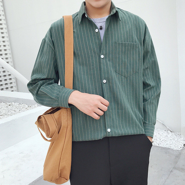 Мъжка риза раирана в сив и зелен цвят