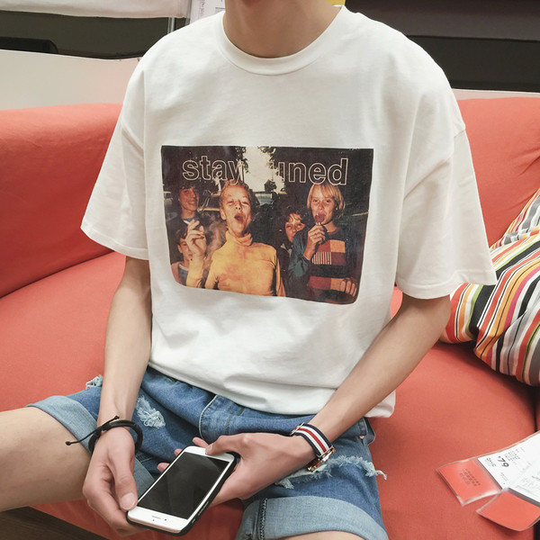 Ежедневна мъжка тениска с къс ръкав апликация в бял и черен цвят